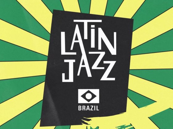 Capa do projeto LatinJazz Brazil: logotipo em colagem sobre raios verdes e amarelos